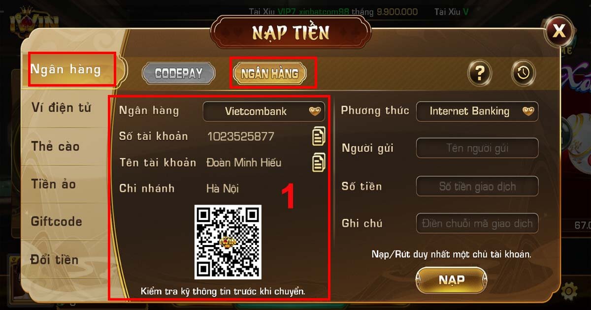 Nạp tiền Iwin Club qua ngân hàng