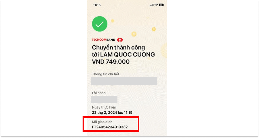 Ví dụ mã giao dịch của ngân hàng Techcombank
