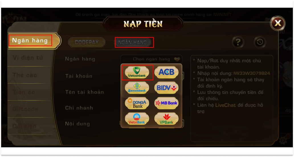 Vietcombank - Ngân hàng được nhiều gamer Iwin lựa chọn