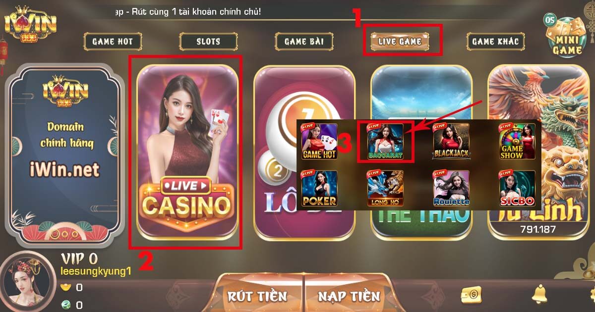 Vào danh mục game iWin để tìm kiếm trò chơi Baccarat