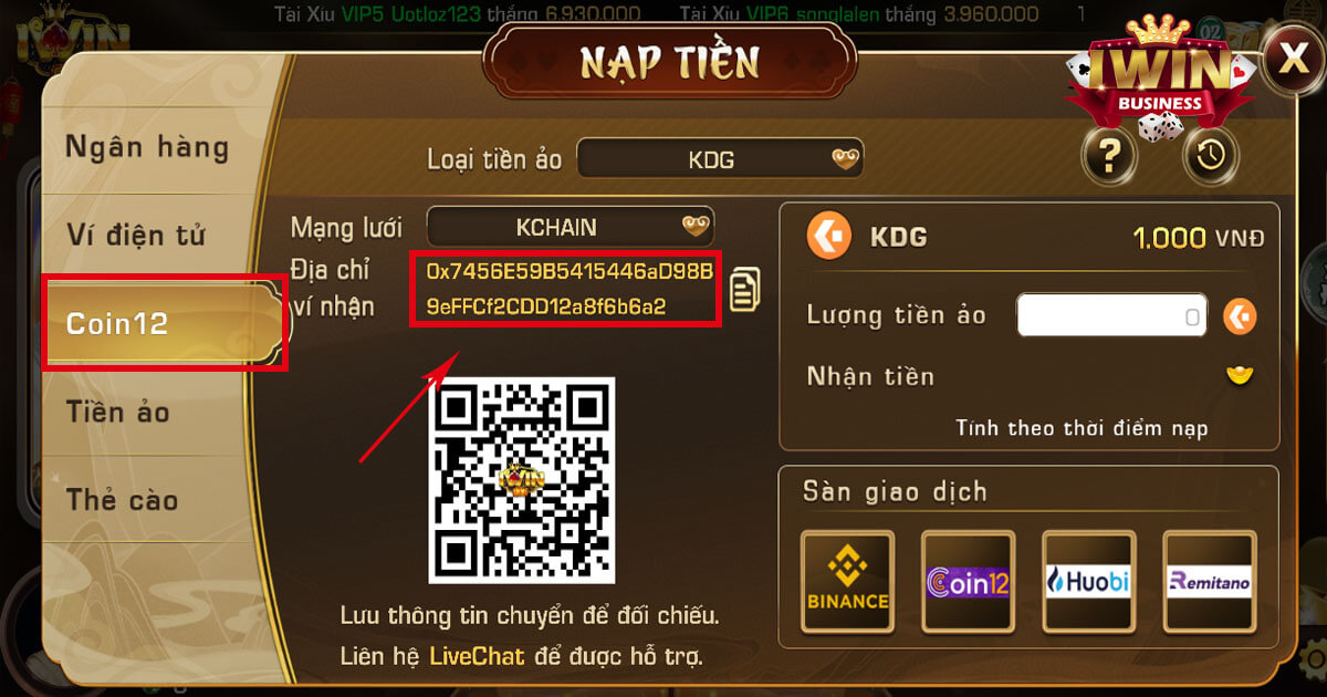 Copy mã địa chỉ ví nhận đồng KDG của cổng game iWin